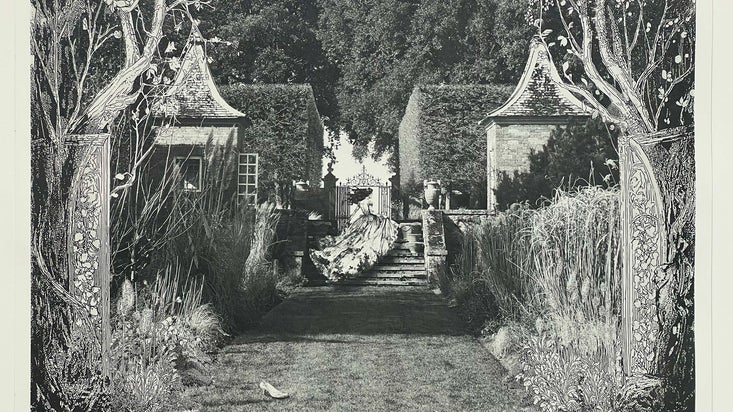 An black and white image depicting Cinderella running up the steps of the Red Borders at Hidcote, with her glass slipper being left behind.